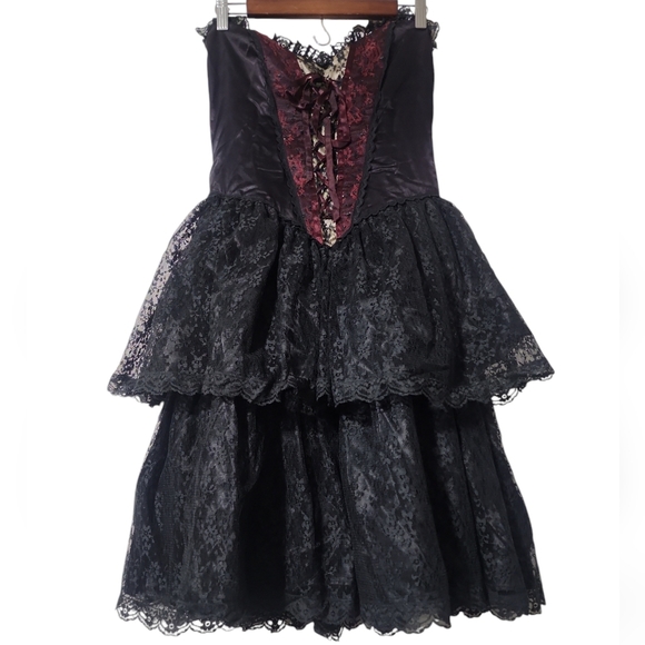 VINTAGE Gunne Sax Jessica McClintock Corset Bustier Tiered Lace Dress Black Red - Picture 15 of 16